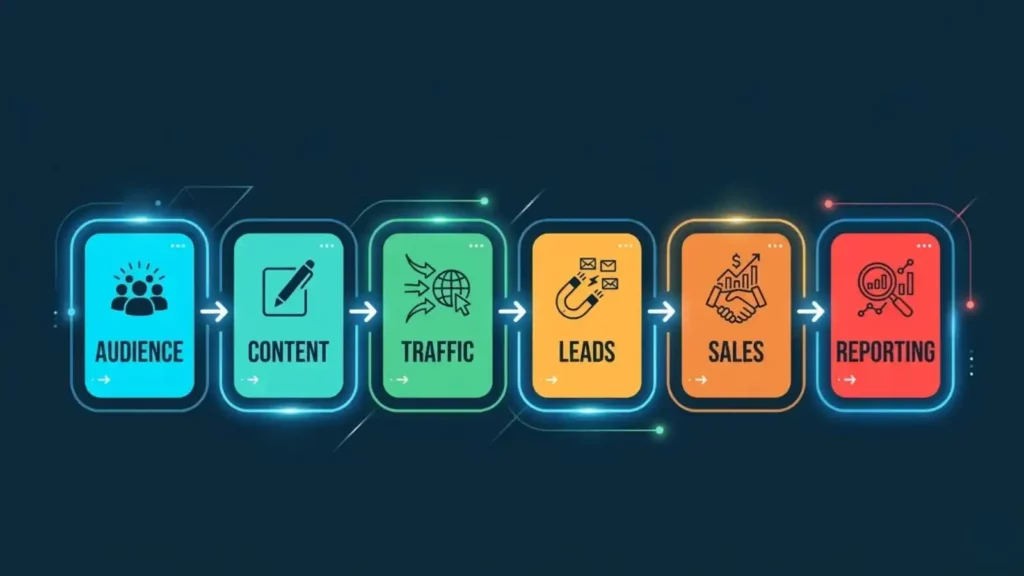 Flowchart depicting a marketing process with six stages: Audience, Content, Traffic, Leads, Sales, and Reporting, each in colorful boxes.