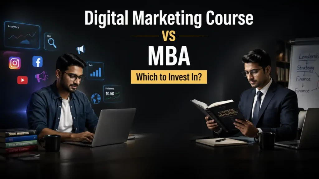 Two men compare career paths; one uses a laptop with social media icons, while the other reads a book on strategic management. Text: "Digital Marketing Course vs MBA, Which to Invest In?"