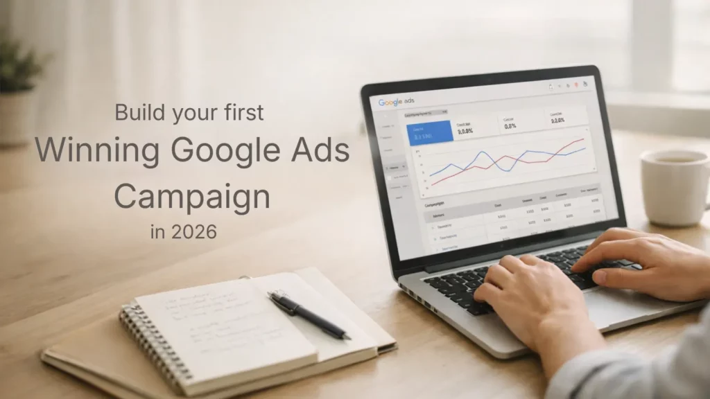 Person typing on a laptop displaying Google Ads analytics. Text reads: "Build your first Winning Google Ads Campaign in 2026." Notebook and mug on the desk.