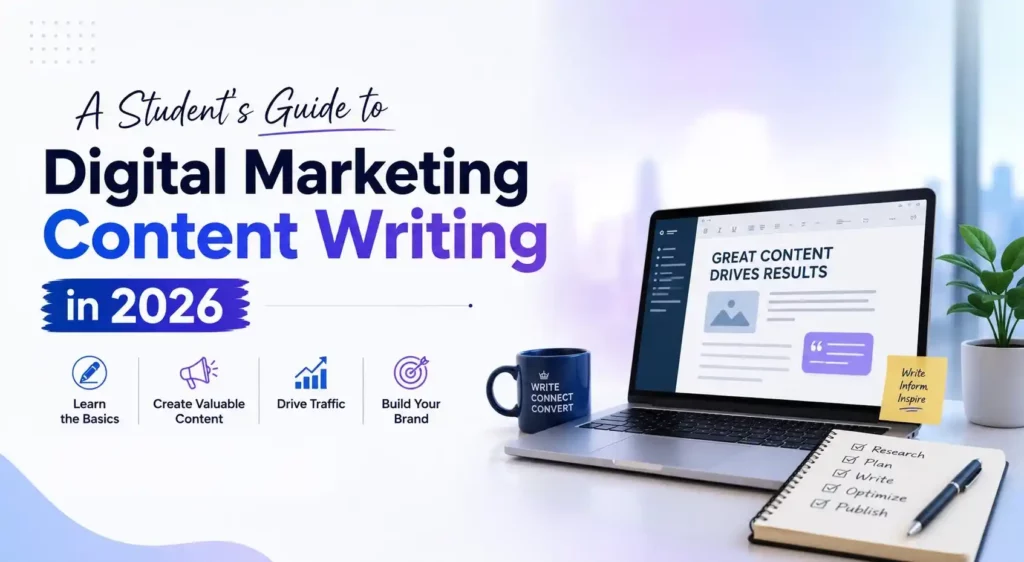"A promotional image for 'A Student's Guide to Digital Marketing Content Writing in 2026,' featuring a laptop with a content writing screen, a notebook, and a coffee mug. Icons and text emphasize learning basics, creating valuable content, driving traffic, and building a brand.