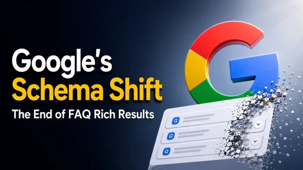 "Graphic of Google's logo disintegrating into pixels, alongside text 'Google's Schema Shift: The End of FAQ Rich Results.' A digital menu with question icons is also fragmenting. The tone conveys change and disruption in digital content strategies."