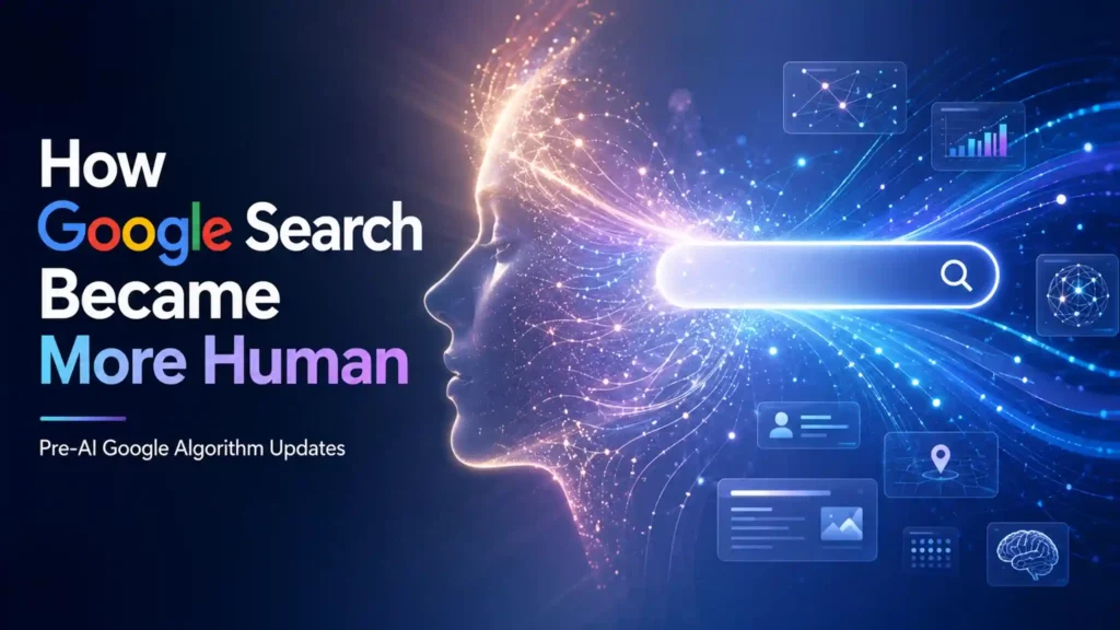 Profile of a digital human head with a glowing search bar, surrounded by abstract tech icons. Text: "How Google Search Became More Human."