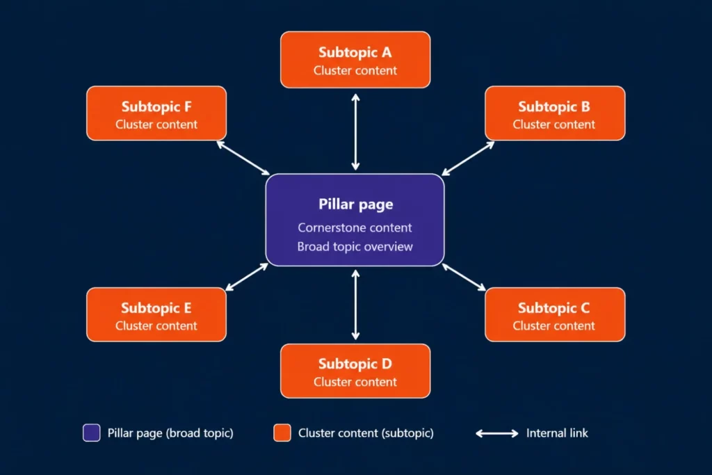 Diagram showing a purple "Pillar page" linked to six orange "Subtopic" boxes. Arrows indicate internal links between the pillar and subtopics.