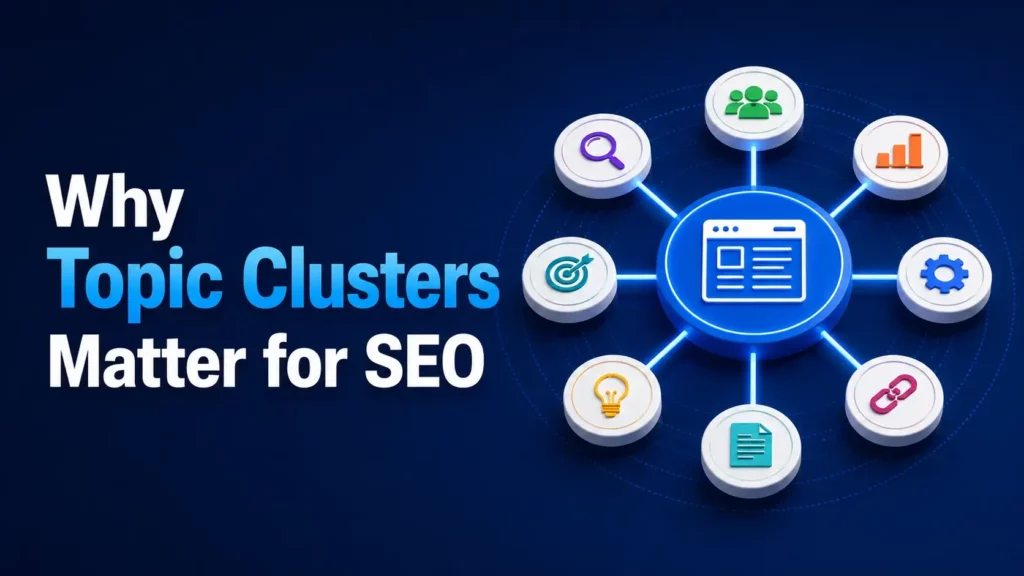 "A digital illustration titled 'Why Topic Clusters Matter for SEO' with a central icon of a webpage linked to various icons like search, charts, and settings, symbolizing interconnected elements against a dark blue background."