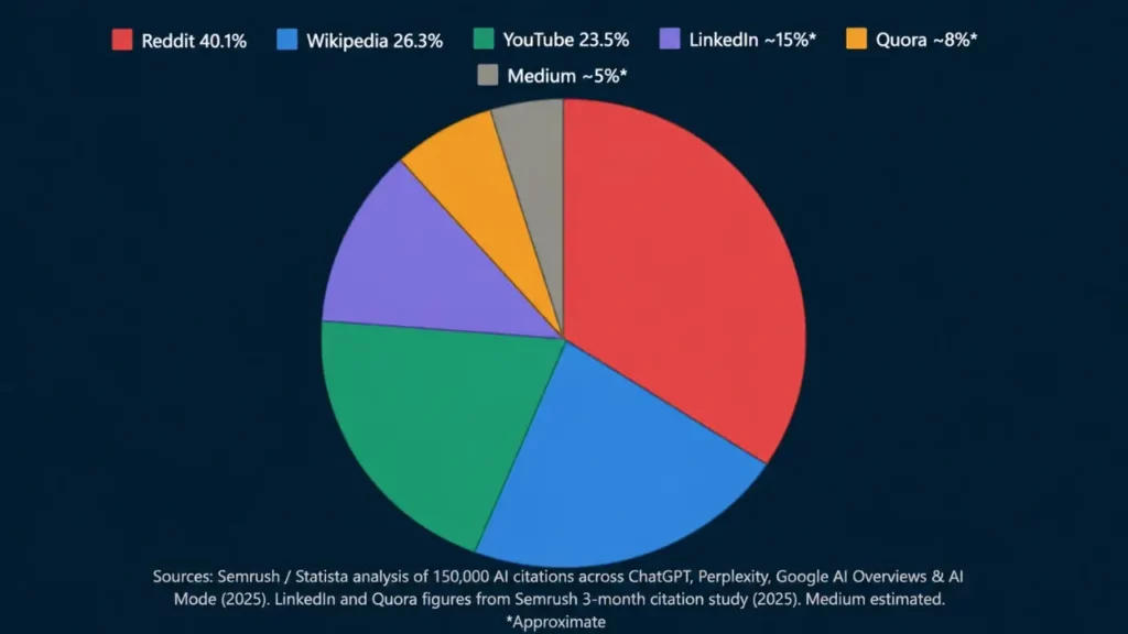 Pie chart showing citations from platforms. Reddit 40.1%, Wikipedia 26.3%, YouTube 23.5%, LinkedIn ~15%, Quora ~8%, Medium ~5%. Sources below.