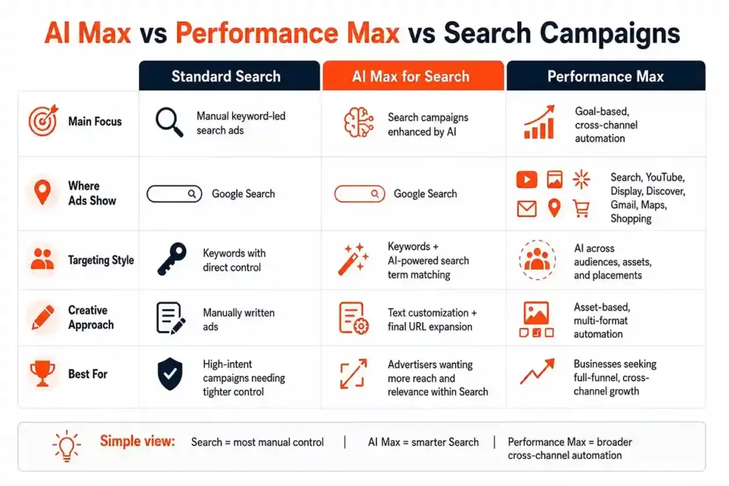 Comparison chart titled "AI Max vs Performance Max vs Search Campaigns." It outlines features for Standard Search, AI Max for Search, and Performance Max across categories like Main Focus, Where Ads Show, Targeting Style, Creative Approach, and Best For. Each category includes icons and brief descriptions to illustrate differences in campaign automation, targeting, and multichannel strategies. The tone is informative, highlighting choices for advertisers.