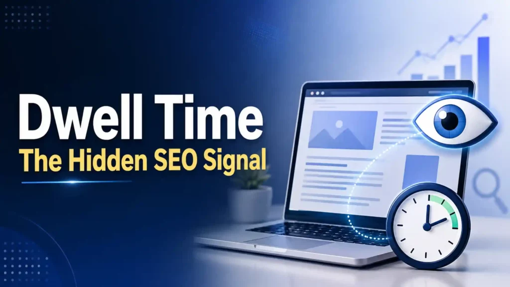 Text reading "Dwell Time: The Hidden SEO Signal" next to a laptop with an eye icon and clock, symbolizing time spent on a website. Background includes bar graph.