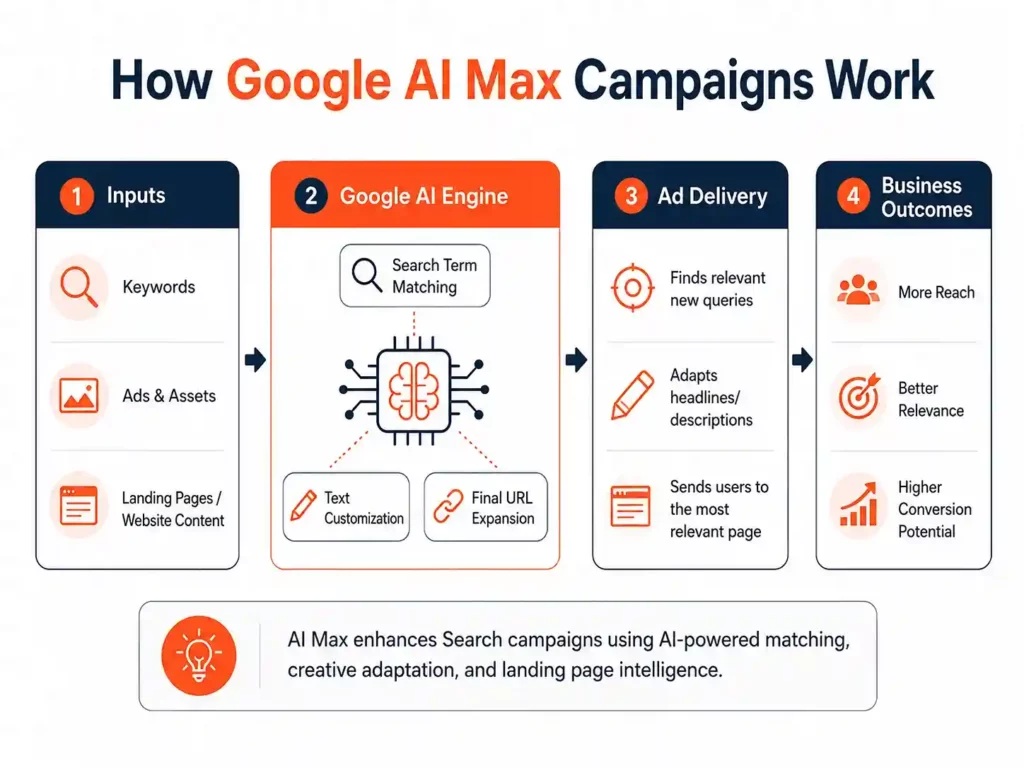Flowchart titled "How Google AI Max Campaigns Work," showing four steps: Inputs, Google AI Engine, Ad Delivery, and Business Outcomes, emphasizing AI-driven optimization.