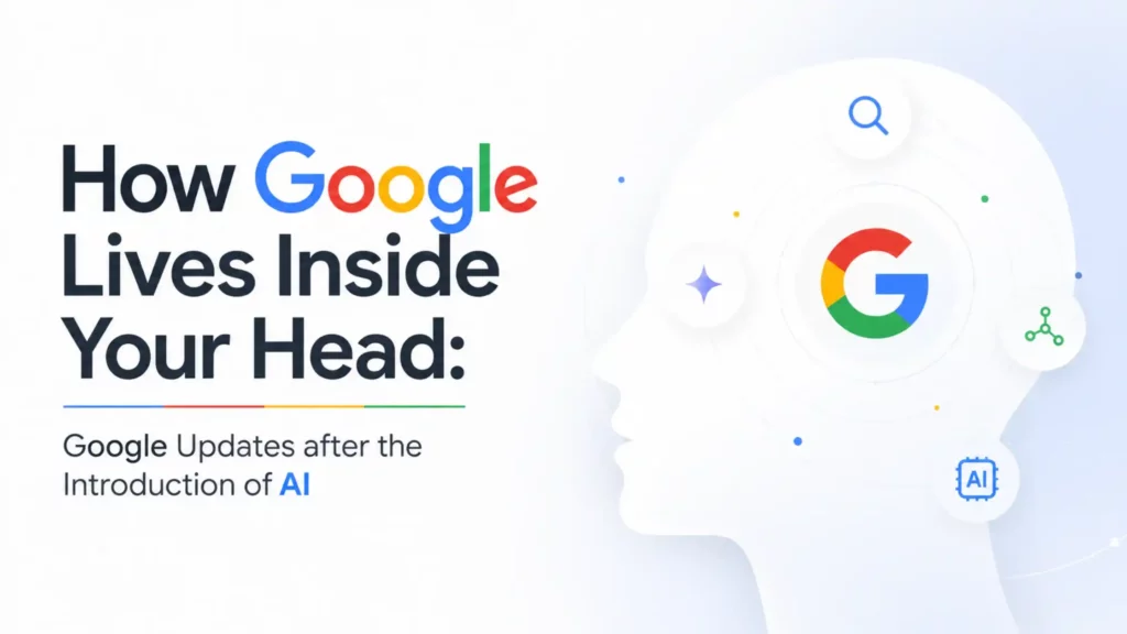 "Illustration titled 'How Google Lives Inside Your Head' features a side profile of a head with icons like a magnifying glass, AI chip, and Google's logo, symbolizing AI integration. The mood is informative and technologically advanced."