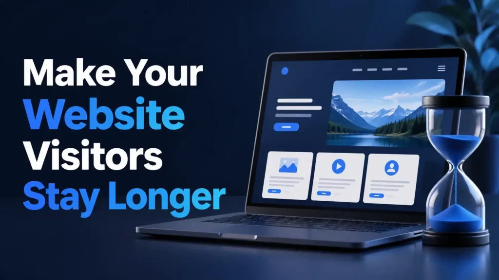 Laptop displaying a website with mountain scenery; hourglass beside it. Text reads: "Make Your Website Visitors Stay Longer." Blue, engaging theme.