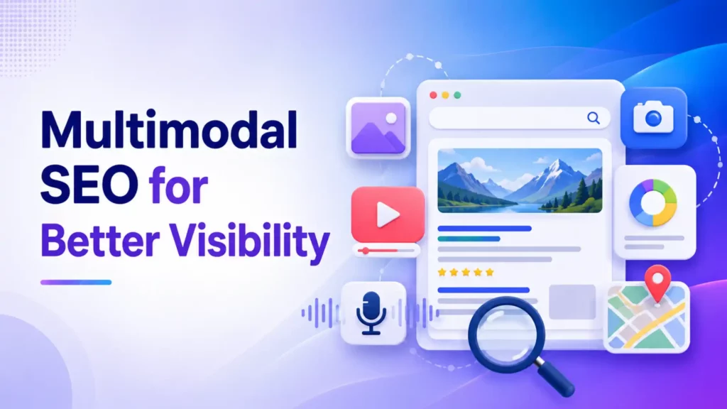 "Multimodal SEO illustration featuring icons of a camera, microphone, map, and browser window with scenic image, emphasizing digital visibility."