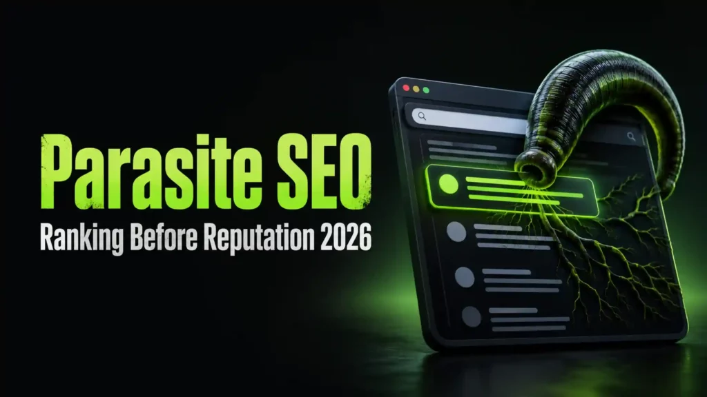 "Graphic titled 'Parasite SEO: Ranking Before Reputation 2026' with a large parasite resembling a leech on a web browser icon, evoking an ominous tone."