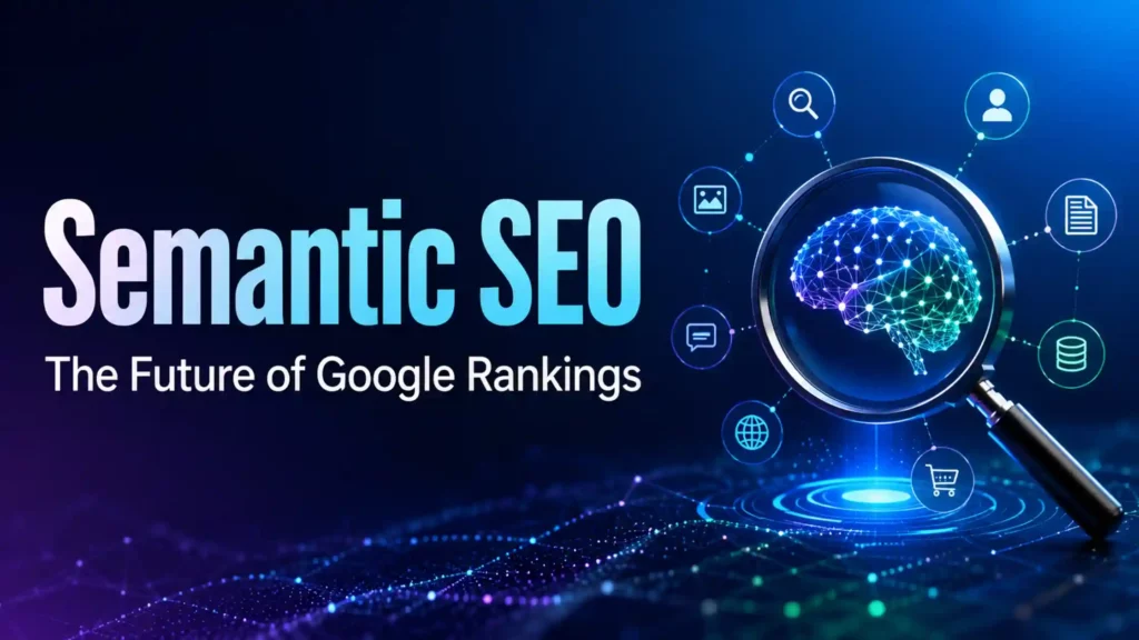 "Graphic titled 'Semantic SEO: The Future of Google Rankings' features a digital brain under a magnifying glass, surrounded by SEO related icons on a blue background."