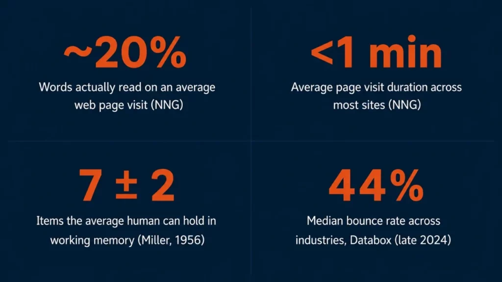 A dark background infographic showing four web usage statistics in bold orange text: 20% of words read,