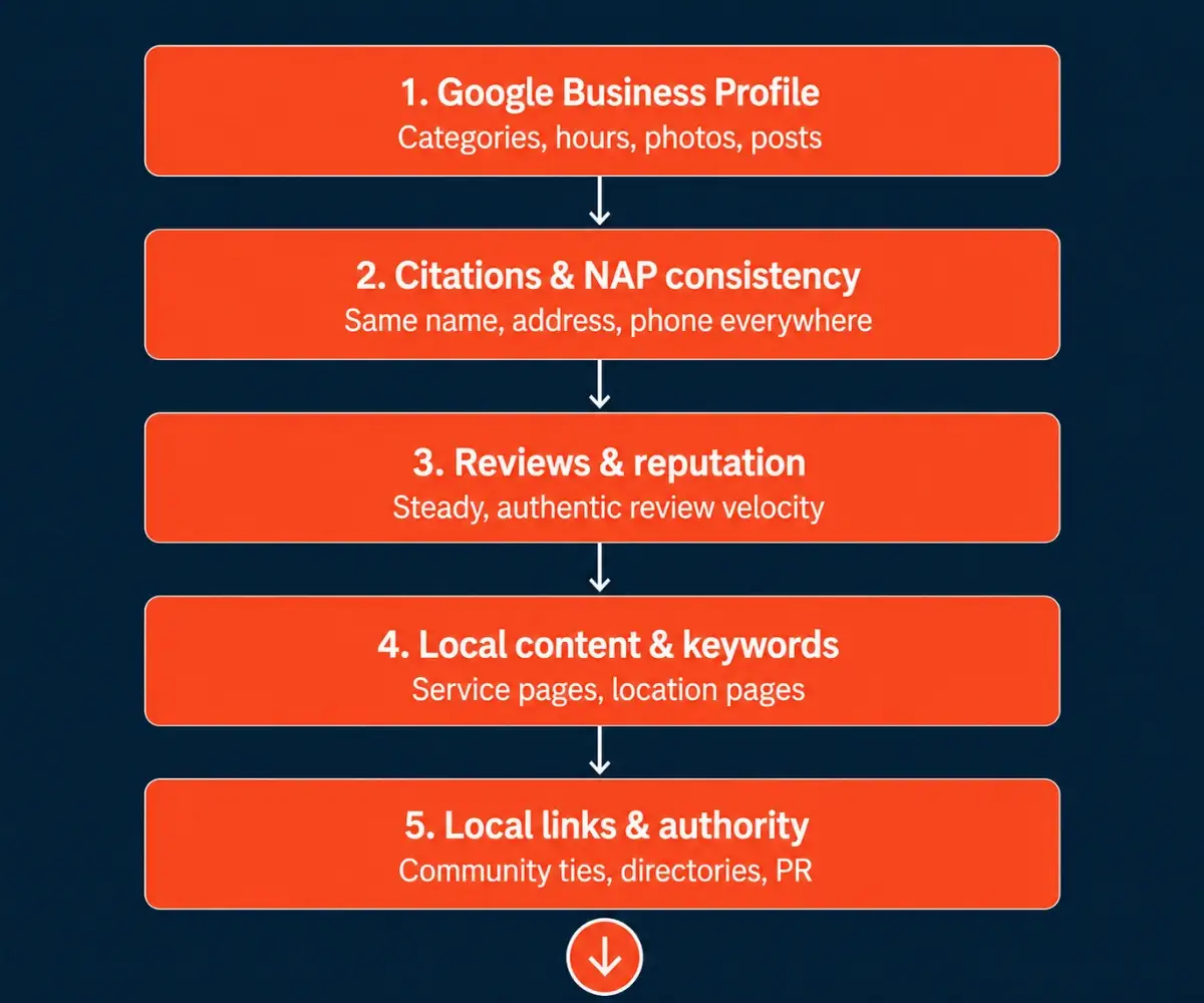Flowchart on local SEO strategy with five orange boxes. Steps: Google Business Profile, Citations, Reviews, Content, and Local Links, each emphasizing specific actions.