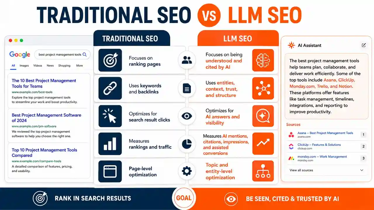 Infographic comparing Traditional SEO and LLM SEO. Traditional SEO focuses on rankings, using keywords, and page optimization. LLM SEO centers on AI understanding, using context, and measuring AI mentions. Each has a distinct approach and goal.