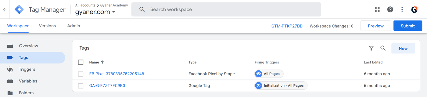Screenshot of the Google Tag Manager Tags screen showing a Facebook Pixel tag and a Google Tag with their firing triggers