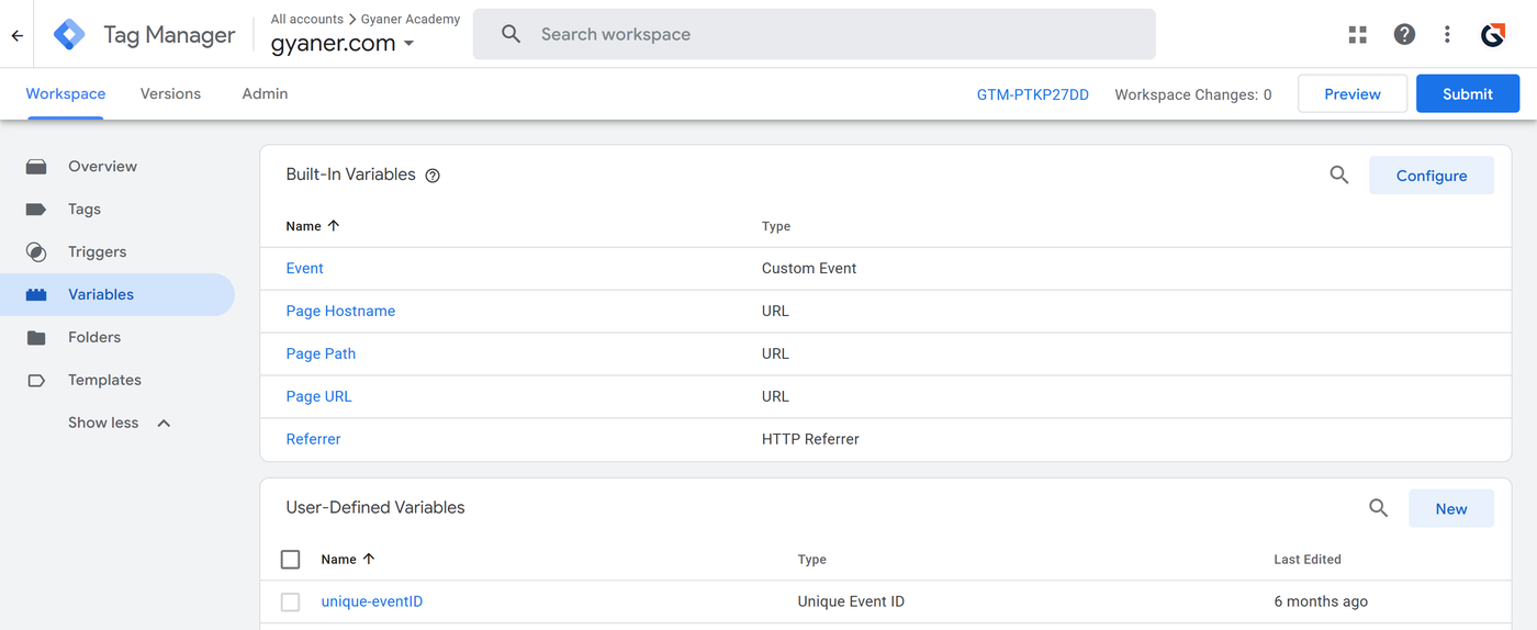 Screenshot of the Google Tag Manager Variables screen showing built-in variables such as Event, Page Path and Referrer alongside user-defined variables