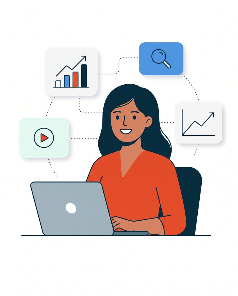 A digital marketer reviewing campaign performance, search and analytics on a laptop