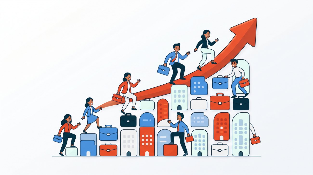 Illustration of people climbing a rising staircase of offices, showing growth in digital marketing jobs
