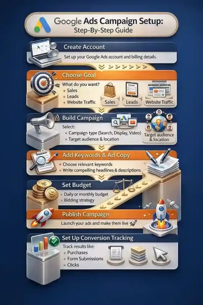 Alt text: Infographic illustrating a step-by-step guide for setting up a Google Ads campaign. Steps include creating an account, choosing a goal, building a campaign, adding keywords and ad copy, setting a budget, publishing the campaign, and setting up conversion tracking. Each step has a corresponding icon and brief description of tasks. The design uses blue and orange colors for clarity and emphasis.
