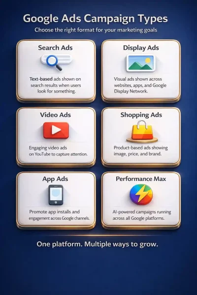 Alt text: "Infographic displaying Google Ads campaign types: Search, Display, Video, Shopping, App, and Performance Max. Descriptions highlight ad formats and goals. Dark blue background with a professional tone."