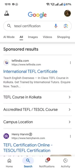 Google search results page on mobile for "TESOL certification." It shows sponsored ads for TEFL courses, including locations in Kolkata.
